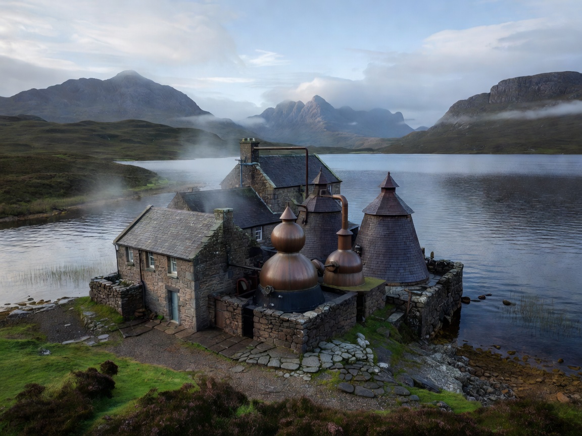 A Highland distillery set beside a loch among hills