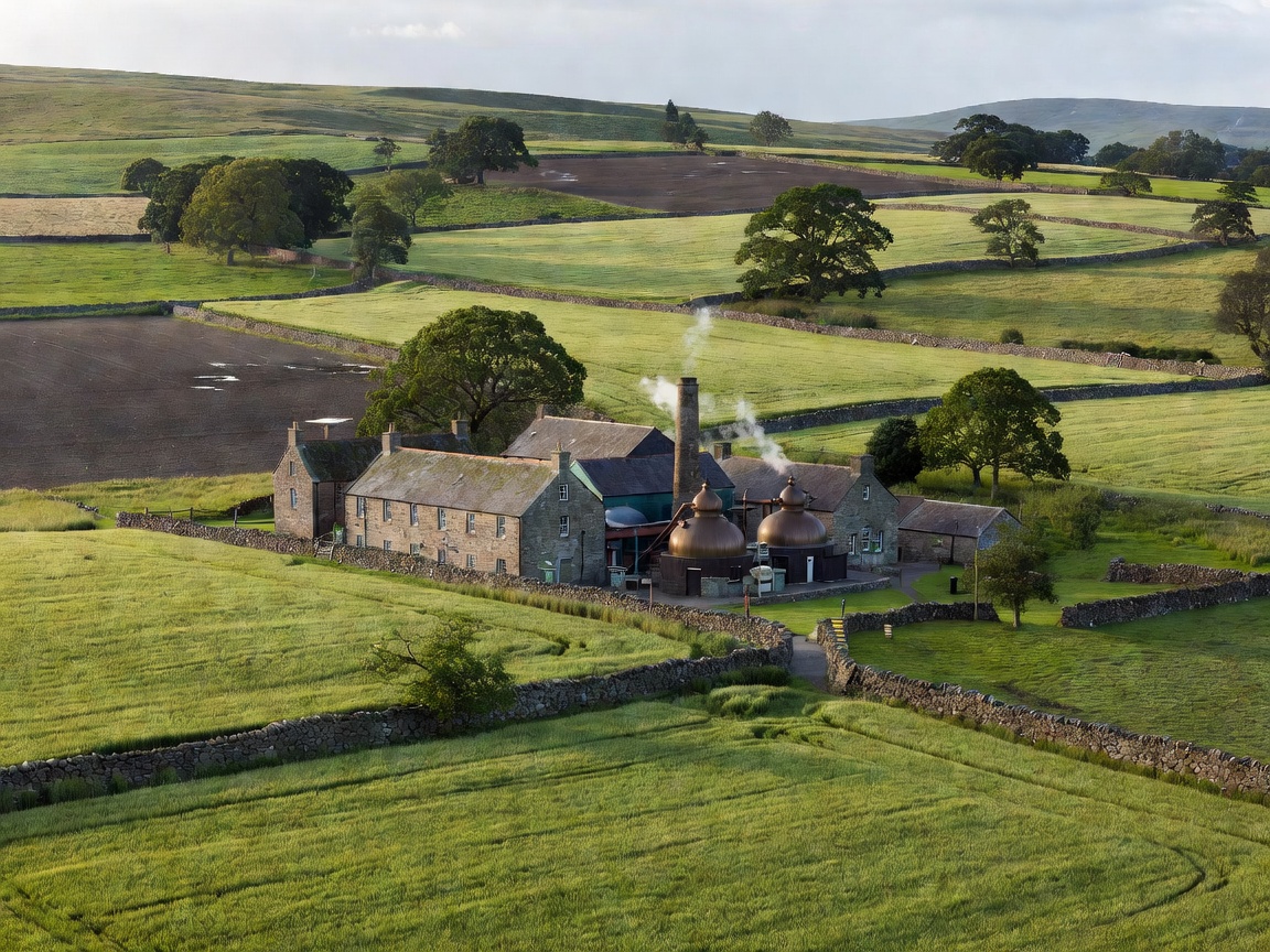 Lowland farmland surrounding a whisky distillery