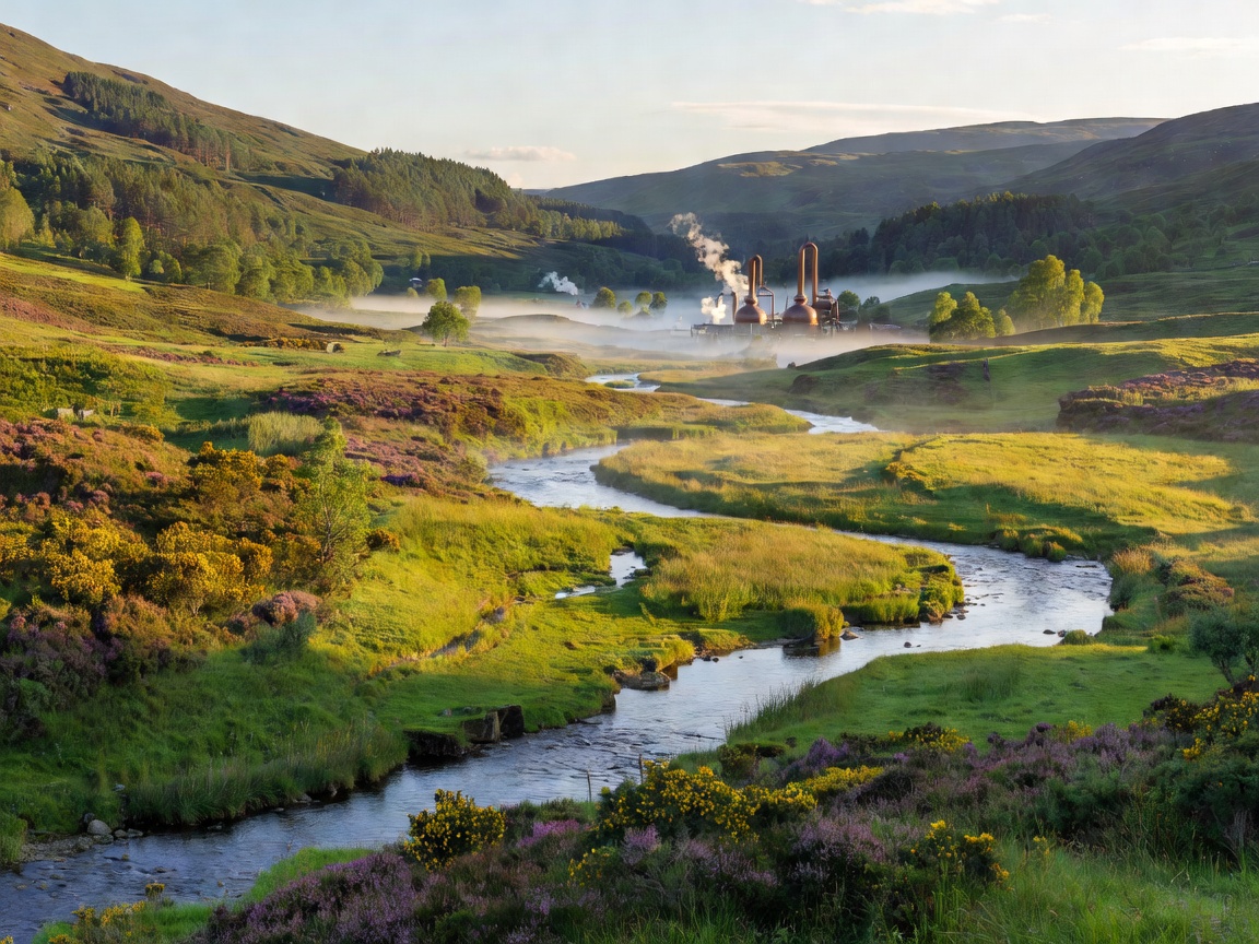 River valley in Speyside with copper pot stills in the distance